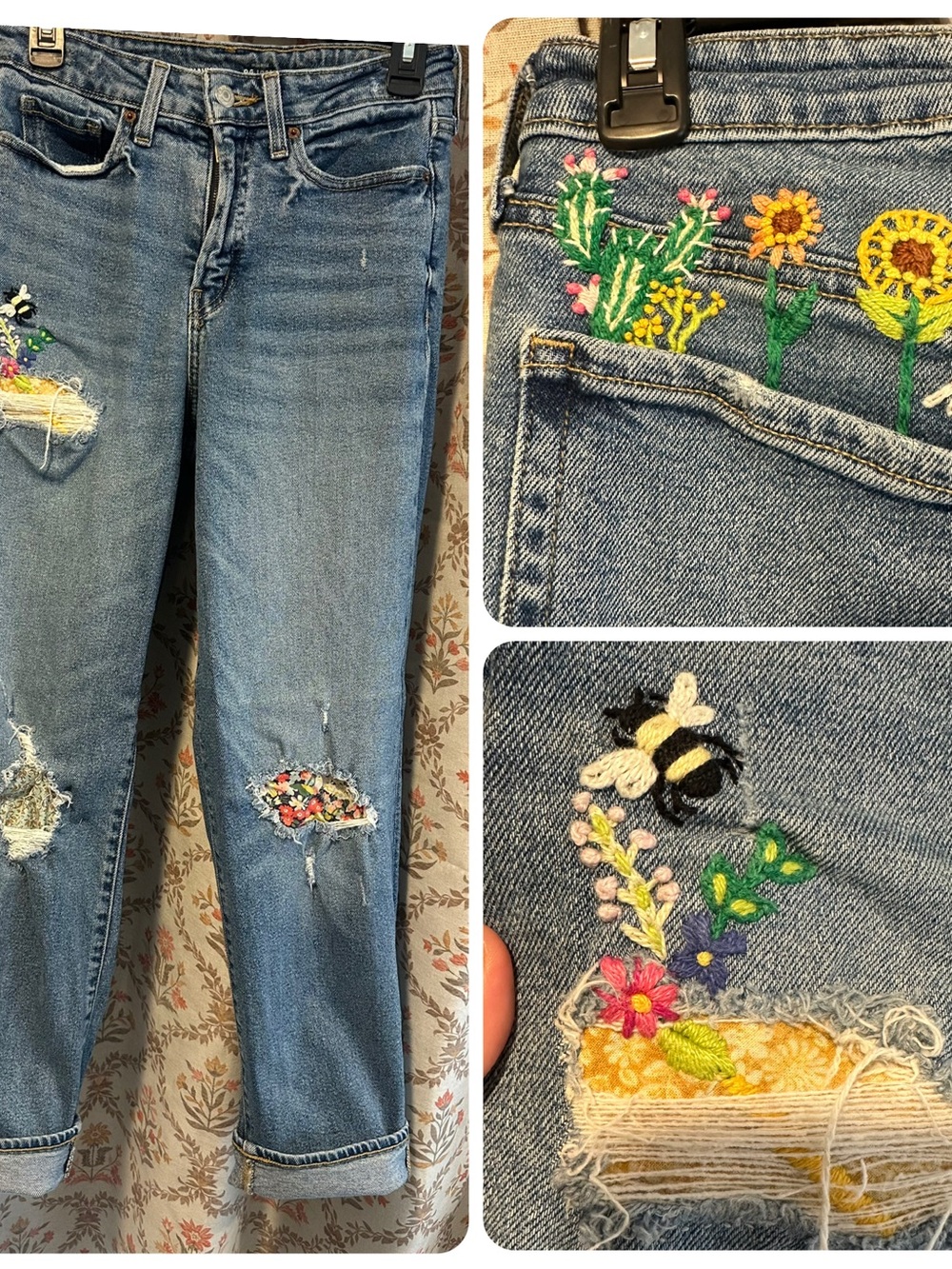 Artist-Made—Handmade Embroidered Floral Patch Distressed Women’s Jeans